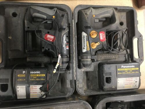 2 x Panasonic Heavy Duty Portable Battery Electric 24v Hammer Drills with 2 Battery Chargers and Carry Case