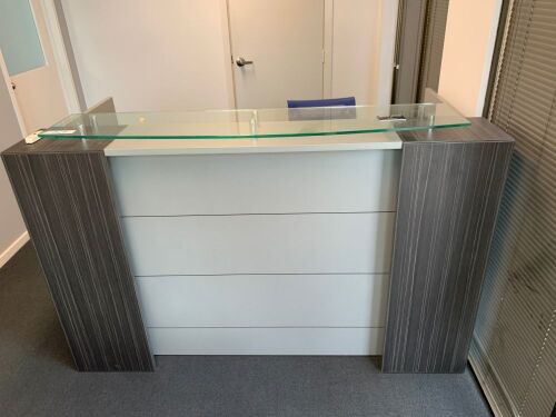Contemporary Timber Framed Reception Desk with Overhead Glass Topped Counter