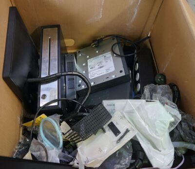 Assorted box comprising of 1 x Dell monitor, 1 x cash drawer, Cisco routers plus more cables etc