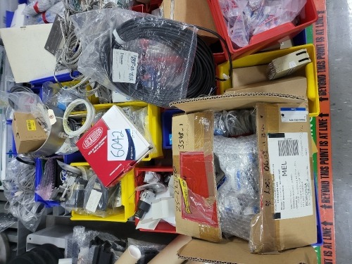 Pallet of assorted stainless steel braid, electrical connectors, cables, power modules, SIK safety parts