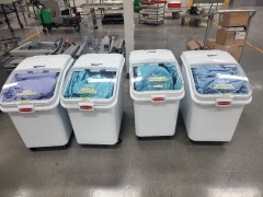 4x Rubbermaid Plastic Storage Containers (750x450x700H mm) with wheels inc. unknown quantity of tray covers inside