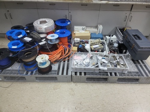 2x Pallets of assorted cable reels, rotary encoder, adapter plugs & more