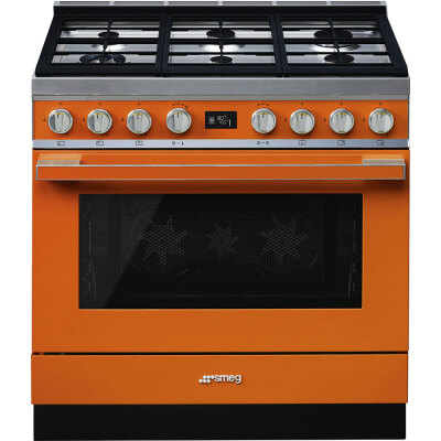 Smeg 90cm Portofino Freestanding Dual Fuel Oven/Stove Orange CPF9GPORA