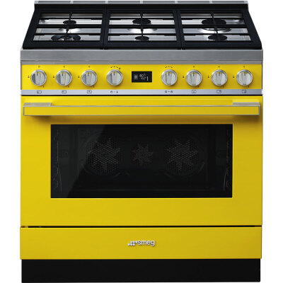 Smeg 900mm Portofino Pyrolytic Freestanding Cooker with Gas Cooktop - Sunshine Yellow CPF9GPYWA