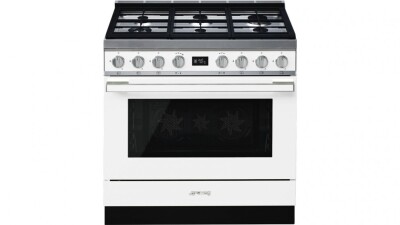 Smeg 900mm Portofino Pyrolytic Freestanding Cooker with Gas Cooktop - White CPF9GPWHA