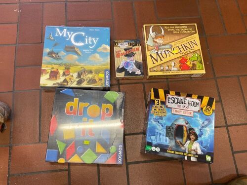 Bundle of My City, Escape Room and Extension Pack, Munchkin Deluxe, and Drop it