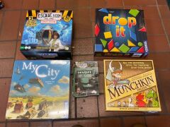 Bundle of My City, Escape Room and Extension Pack, Munchkin Deluxe, and Drop it