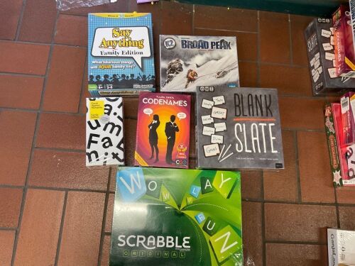 Bundle of Say Anything, Broad peak, Blank Slate, Codenames, Cards Against Humanity, and Scrabble