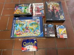 Bundle of Power Ranger, Munchkin Marvel, Roll Player, Ravensburger Puzzle 1000 pcs, 2x Marvel miniatures game and Quiddler.
