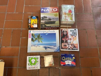 Bundle of Marvel miniature game, NATO the Cold War goes hot, Haba, Ravensburger Puzzle 1000pcs Over the Edge book, Quiddler, Monikers classic and Muffin Time