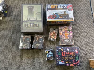 Bundle of Barrage, 8 bitbox, Midnight Circle, Conquest game Card, 12 Games of Christmas, Batman miniature game, 2x Battlestar Galactica,