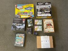 Bundle of Hero Hockey, Heavy Hitters expansion, Indian Summer, ingenious, Atlas EnchantedLands, Battlestar Galactica,2x Tiny Epic tactics expansion, Fallout 111 book, 2x dice, Board game Organiser - 2