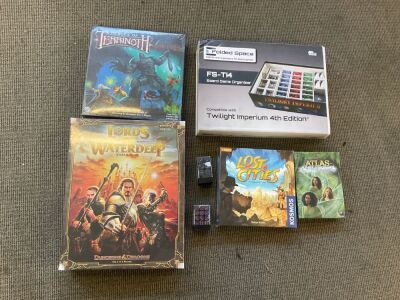 Bundle of Heroes of Terrinoth, Board games Organiser, Lords of Waterdeep, 2 x Dice pack, Lost Cities and Atlas Enchanted Lands