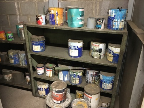 Quantity Assorted Full/Part Drums, Paint, Lacquers etc and Storeage Racks