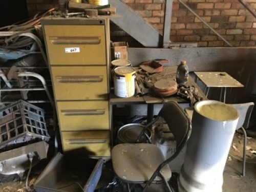 3 Assorted Visitors Chairs, Steel Framed Filing Cabinet, 2 Tables, Work Stand etc