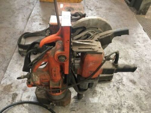 Fein Heavy Duty Motorised Drill Mounted on Magnetic Base Stand and Bosch Motorised Docking Saw