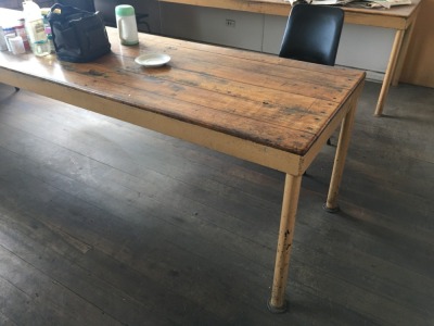 Timber Framed Inlayed Office Table, 2 Retro Kitchen Tables and Steel Framed Work Stand, Table Fixed in Kitchen