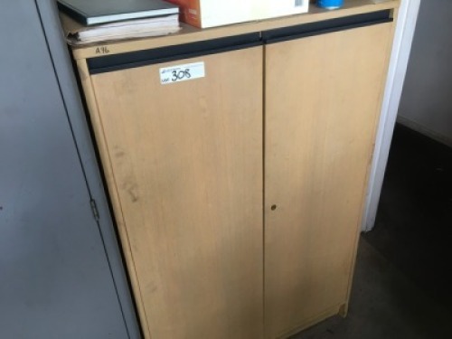 Timber Framed 2 Door Stationery Cabinet and 4 Assorted Timber Framed Office Desks