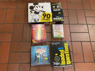 Bundle of Mickey Collector Chess set, Codenames, Fruit Punch Halli Gali, Welcome to new Las Vegas and Loaded questions