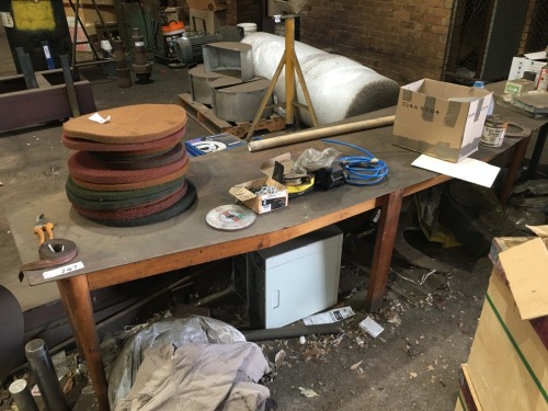 Timber Framed Work Table and 12 Assorted Polishing Discs