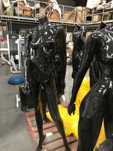 8x Black Gloss Plastic Framed Headless Female Full Body Mannequins on Glass Support Bases