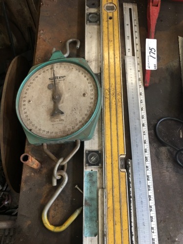 2 Assorted Spirit Levels, 2 Rulers etc and 50kg Salter Clock Face Scale