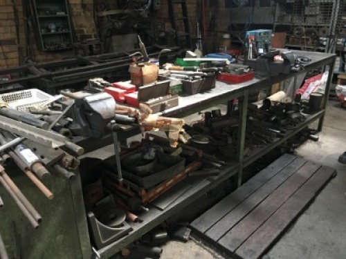 Heavy Duty Steel Framed Timber Topped Work Bench Approx 3.5m x 1m with Understorage and 2 Heavy Duty 200mm Engineers Vices