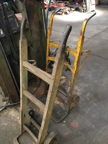 2 Assorted Heavy Duty Steel and Timber Framed 2 Wheel Hand Trucks