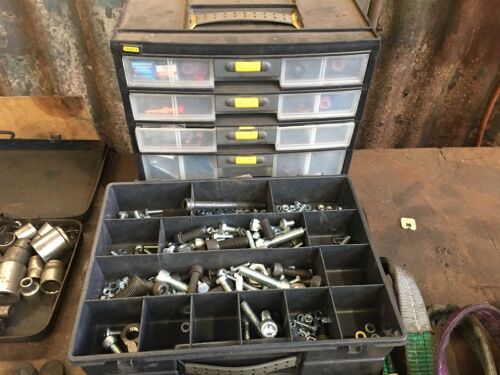 2 Assorted Plastic Storage Boxes, Quantity Assorted Nuts, Bolts, Components etc