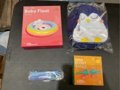 1 x Baby Float Rainbow 
1 x Backpack Penguin
1 x Kids Swimming Goggles 
1 x Kids Float Band Croc - 2
