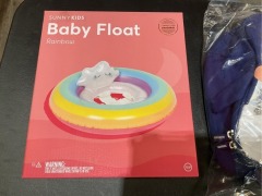 1 x Baby Float Rainbow 
1 x Backpack Penguin
1 x Kids Swimming Goggles 
1 x Kids Float Band Croc - 3