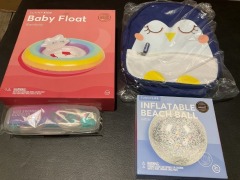 1 x Baby Float Rainbow 
1 x Lunch Backpack Penguin 
1 x Kids Swimming Goggles Unicorn 
1 x Inflatable Beach Ball Glitter - 2