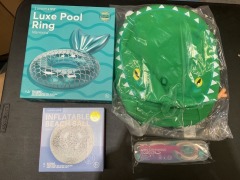 1 x Luxe Pool Ring Mermaid 
1 x Kids Neoprene Backpack Croc 
1 x Kids Swimming Goggles Unicorn 
1 x Inflatable Beach Ball Glitter - 2