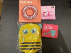 1 x Pool Ring Rose Gold
1 x Kids Float Bands Unicorn 
1 x Kids Lunch Bag Bee
1 x Electric Air Pump - 2