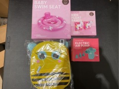 1 x Baby Swim Seat Stardust
1 x Kids Float Bands Unicorn 
1 x Kids Lunch Bag Bee
1 x Electric Air Pump - 2