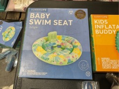 1 x Baby Swim Seat Jungle 
1 x Inflatable Buddy Croc 
1 x Kids Float Bands 
1 x Kids swimming Goggles Shark
1 x Toddlers Slippers Unicorn - 3