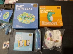 1 x Baby Swim Seat Jungle 
1 x Inflatable Buddy Croc 
1 x Kids Float Bands 
1 x Kids swimming Goggles Shark
1 x Toddlers Slippers Unicorn - 2