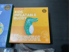 1 x Baby Swim Seat Jungle 
1 x Inflatable Buddy Croc 
1 x Kids Float Bands 
1 x Kids swimming Goggles Shark
1 x Toddlers Slippers Unicorn - 4