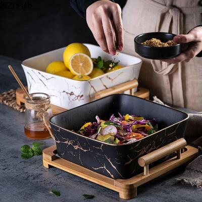 European Serving Bowl With Wooden Base, Black