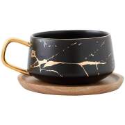 Goldtiek Mug With Wooden Saucer, Black
