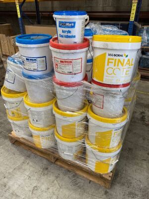 One mixed pallet of USG Boral Semi Light Finishing Compound Final Cote, Sarlsosson Normal Cure Two Part AB Epoxy Adhesive 10 Litre, Trade Mark Acrylic Stud Adhesive 10 litre.