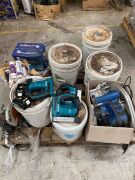 One pallet mixed items, glass silicone, Plunge cut saw, circular saws and 3xMakita BST-221 Staple guns with 2 Lith 18V 3.0ah batteries. 4 x 20kg Water-based ultra-dispersed colorant Black BK9007-SD, Tools not tested as is.