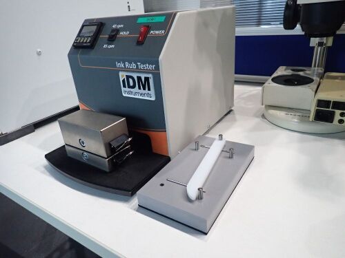 IDM Ink Rub Tester (2 speeds-42cpm/85cpm) with OMRON H& CX counter, 240V, 50Hz, 3A Fused. 2lbs and 4 lbs weight.