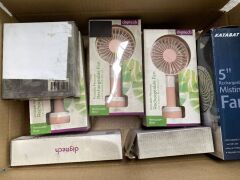 Box of assorted USB misting and rechargeable fans (x10)
