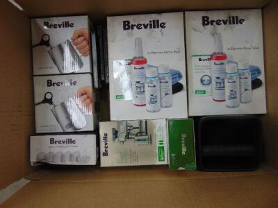 Mixed Assortment of 2x Breville Espresso Detox Packs, 3x Breville eco Liquid Descaler, 1 box of 6 Breville replacement Water Filters. 2 Breville Milk Jugs, 3x Cino Cleano espresso machine cleaning tablets and 1x Breville BES001 Knock Box