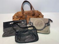 One box mixed used ladies handbags, Cue Mesh night handbag, One Toscano Leather Hand bag, One Elise Caarels leather handbag and one Celine brown leather used womens handbag, torn zip