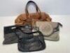 One box mixed used ladies handbags, Cue Mesh night handbag, One Toscano Leather Hand bag, One Elise Caarels leather handbag and one Celine brown leather used womens handbag, torn zip