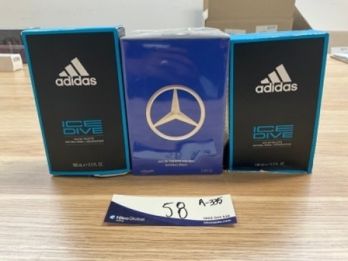 Bundle Of 2 x Adidas Ice Dive Vegan Formula Eau De Toilette 100ml and 1 x Mercedes Benz Man EDT 100ml