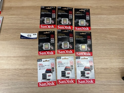 Bundle Of 3 x Sandisk Extreme 32GB SD Card, 3 x Sandisk Extreme 64GB SD Card MY22, and 3 x Sandisk Ultra 64GB Micro SD Card MY22