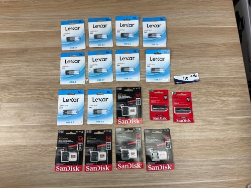 Bundle of 10 x Lexar JumpDrive S60 16GB USB and 7 x Assorted Sandisk USB and SD Cards